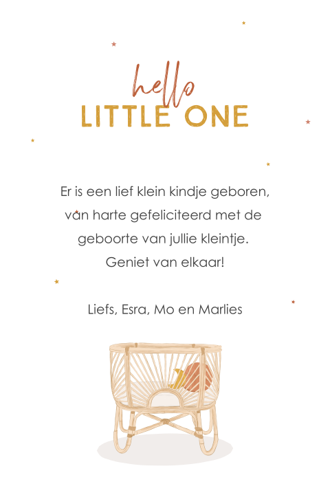 Wenskaart geboorte in stijlvol wit met rotan wieg