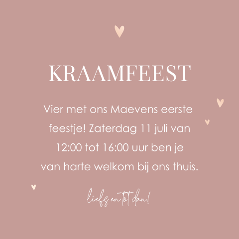 Lief kraamfeest kaartje met roséfolie hartjes