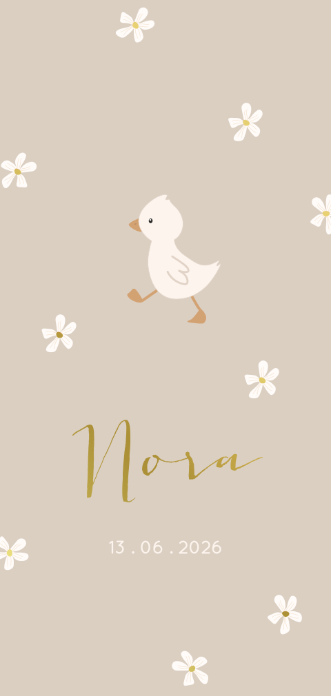 Lief langwerpig geboortekaartje beige met eendje en goudfolie