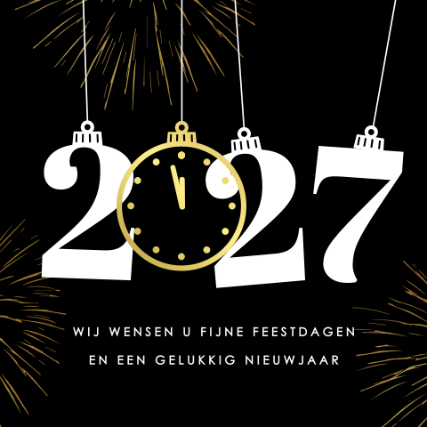 Zakelijke nieuwjaarskaart met klok in goudfolie