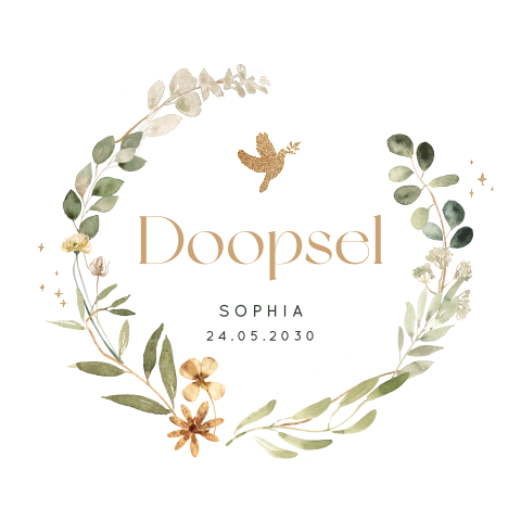 Doopkaartje met krans van droogbloemen