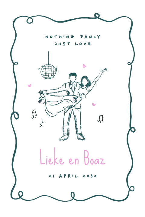 Vrolijke trouwkaart met illustraties en speels kader