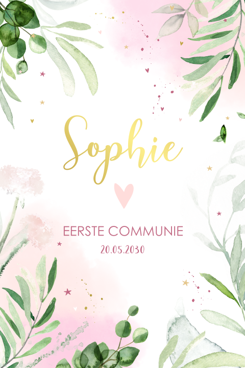 Communiekaart botanisch met goudfolie en roze