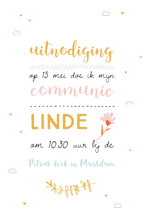 Uitnodiging Communie met hartjes en wolken