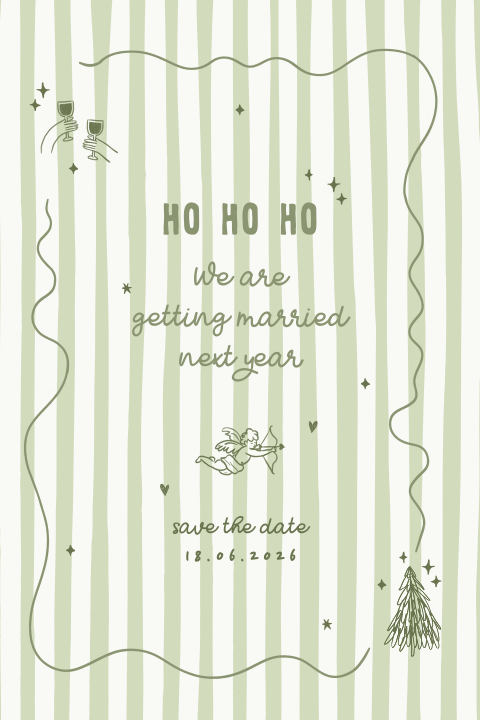 Kerst save the date met groene streepjes en kerstige illustraties