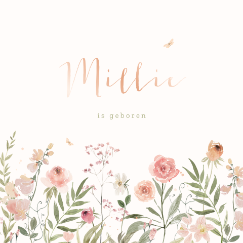 Romantisch geboortekaartje meisje met roze bloemen en roségoudfolie