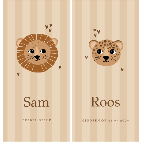 Lief geboortekaartje tweeling met leeuwtjes