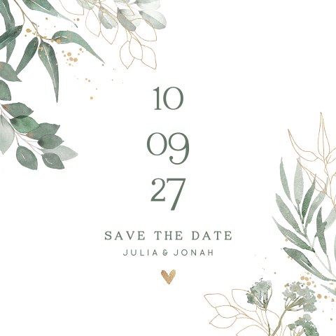 Save the Date voor bruiloft botanisch met goud