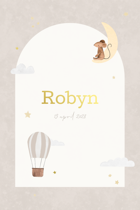 Dromerig geboortekaartje met luchtballon en goudfolie
