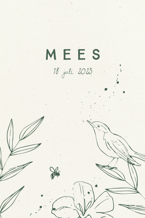 Geboortekaartje met bloemetjes, bijtje en een vogeltje