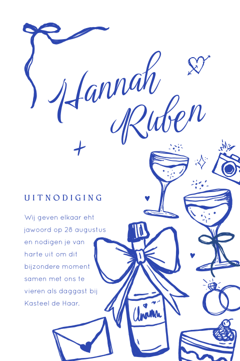 Speelse trouwkaart met handgetekende illustraties in blauw