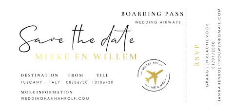 Trouwkaart in vorm van boarding pass met goudfolie