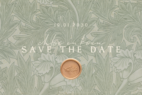 Save the date in groen met botanisch patroon en lakzegel