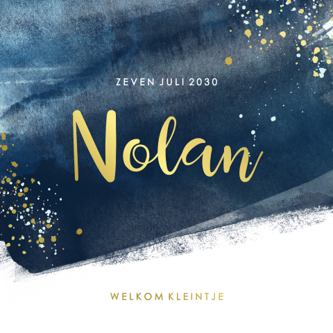 Geboortekaartje jongen trend met donkerblauwe verf en goudfolie