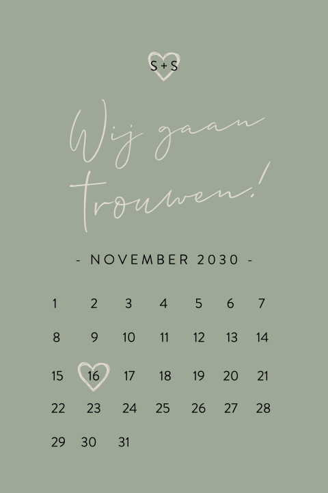 Stijlvolle trouwkaart in saliegroen met kalender