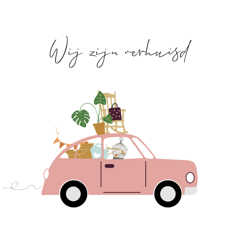 Een vrolijke en grappige verhuiskaart met auto