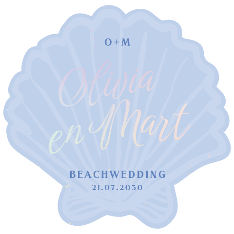 Trouwkaart beach wedding in schelpvorm met holografische folie