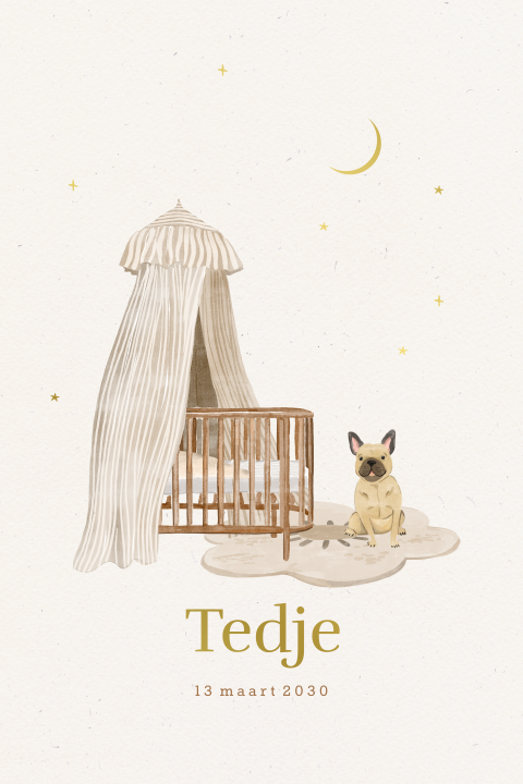 Stijlvol geboortekaartje met illustratie wiegje en franse bulldog