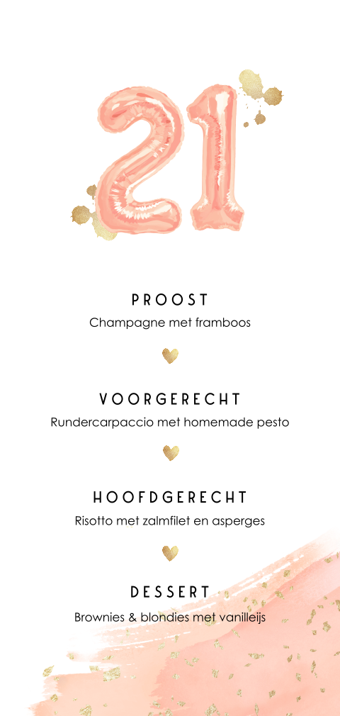 Menukaart twenty one dinner met cijfer ballonnen