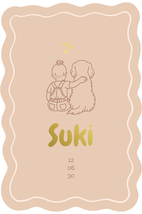 Lief geboortekaartje met lijntekening en hondje