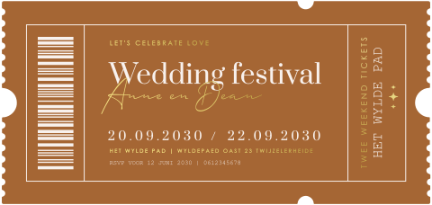 Ticket wedding festival met goudfolie