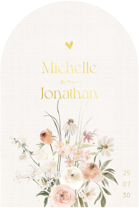 Romantische trouwkaart in boogvorm met bloemen en goudfolie