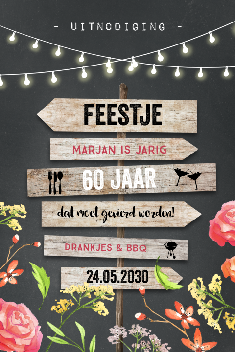 Tuinfeest bbq verjaardagsuitnodiging met wegwijzer