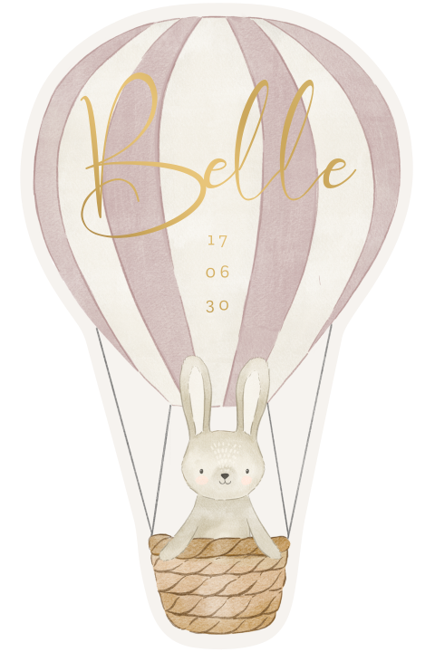 Origineel geboortekaartje luchtballon vorm met konijntje en mat goudfolie