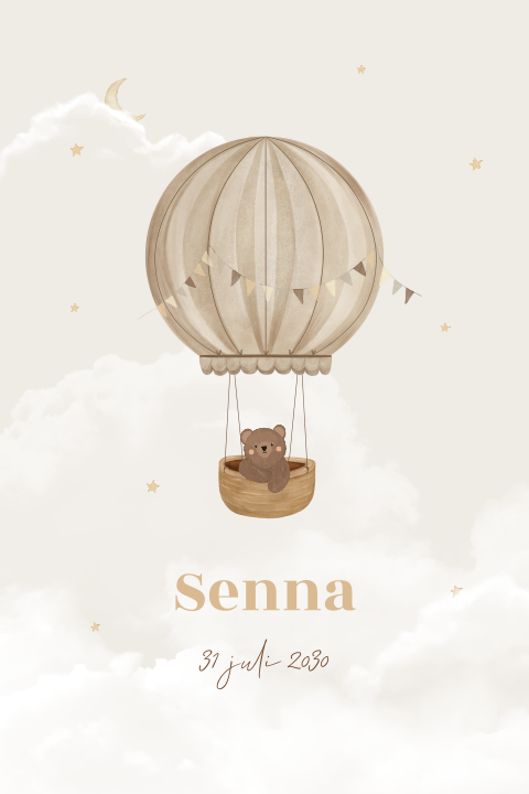 Geboortekaartje ‘Dreamy’ met een beertje in een luchtballon