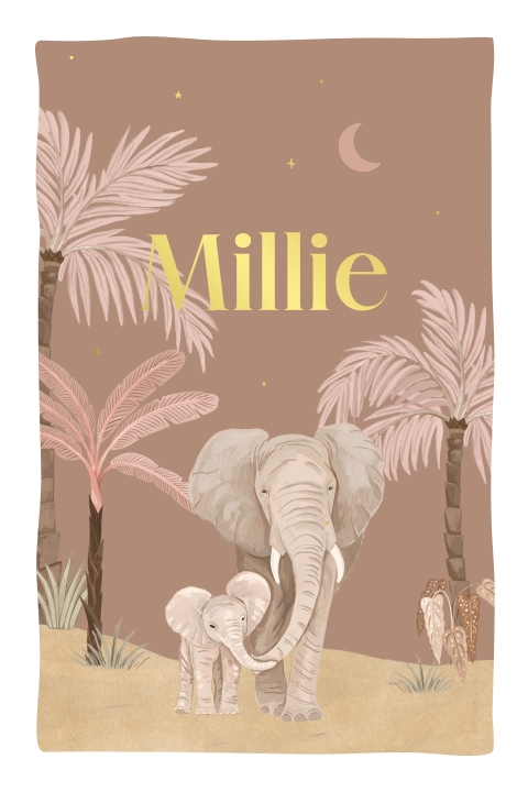 Geboortekaartje aardetinten met olifanten en naam in goudfolie
