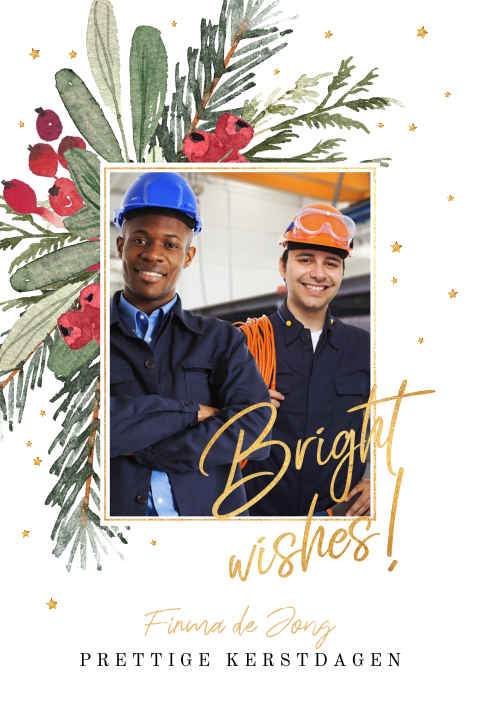 Zakelijke kerstkaart met foto en kersttakken