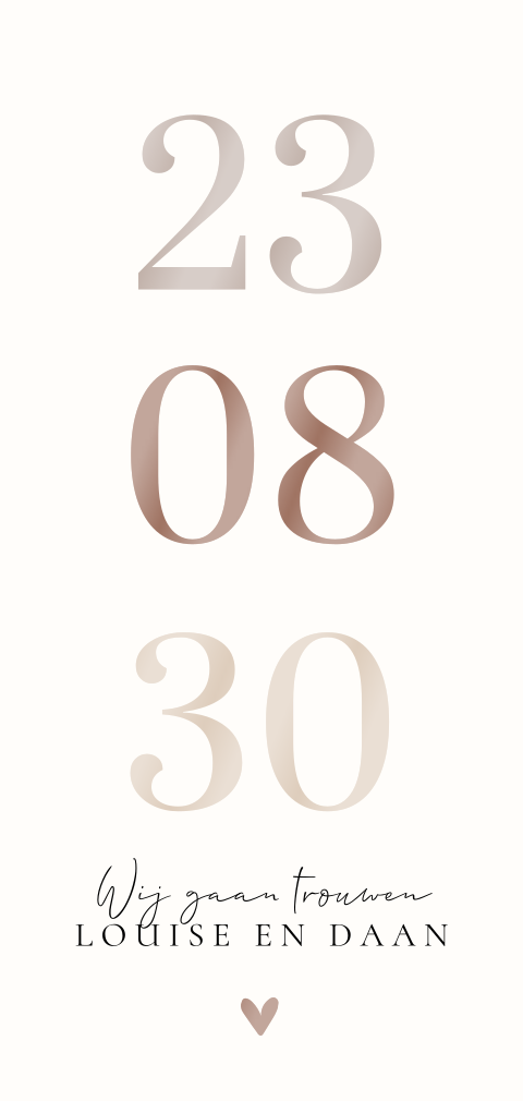 Stijlvolle uitnodiging bruiloft met beige datum in hoogglans