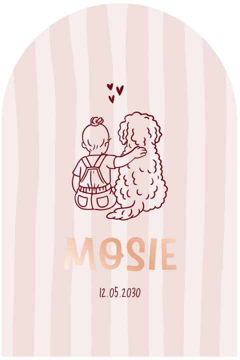 Roze lijntekening geboortekaartje met kindje en hond