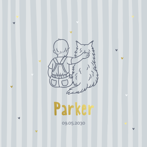 Blauw geboortekaartje jongen met lijntekening en hond