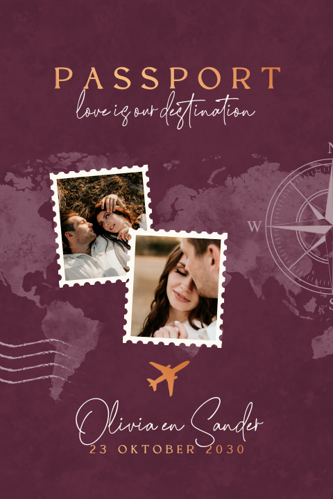 Paspoort trouwkaart rood met wereldkaart en fotos