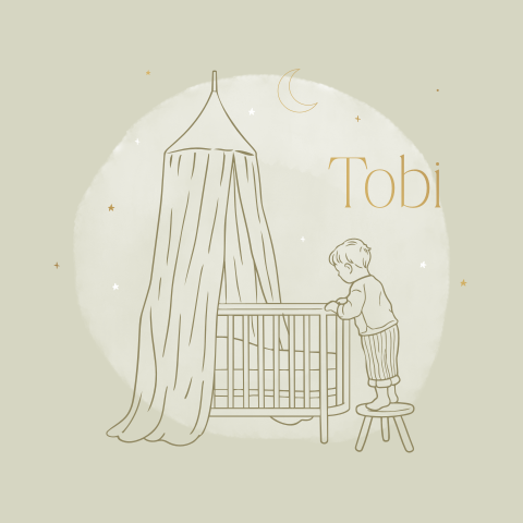 Geboortekaartje in groen met lijntekening en mat goudfolie