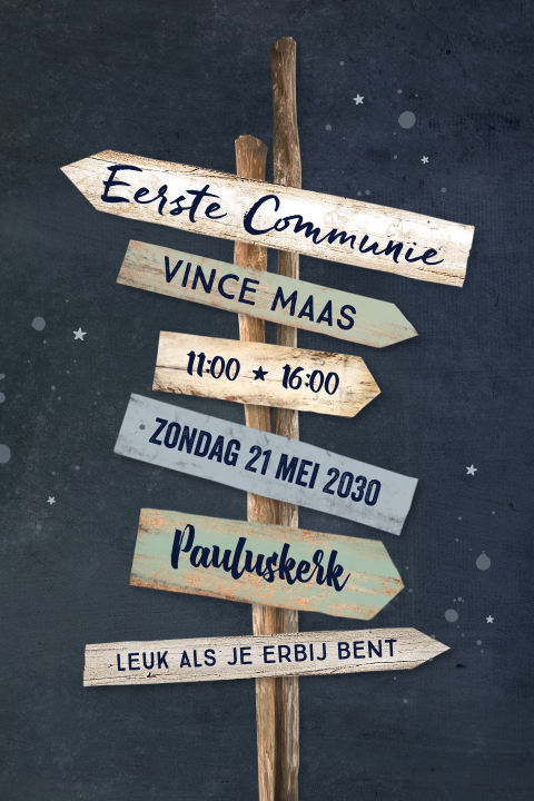 Stoere uitnodiging Eerste Communie wegwijzer