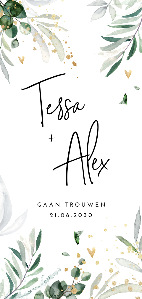 Hippe Botanische trouwkaart met goudlook elementen