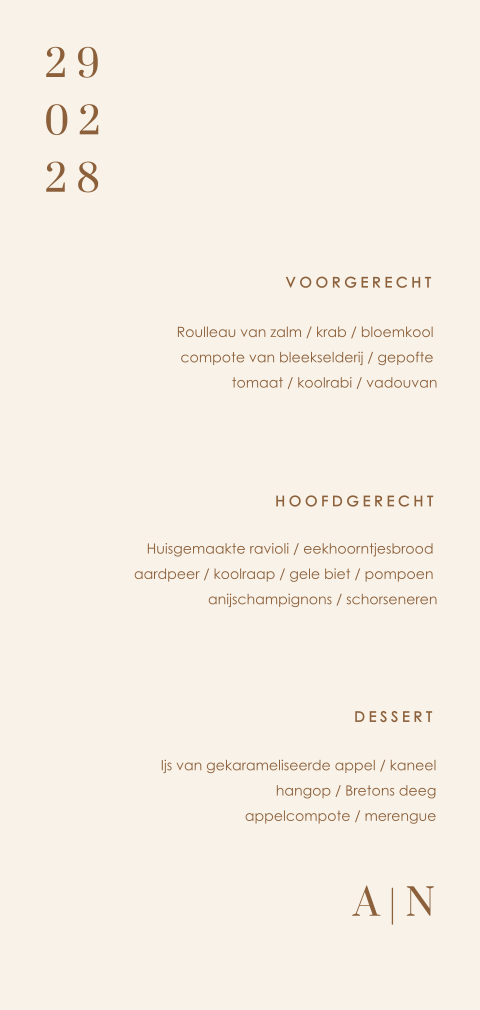 Minimalistische menukaart bruiloft
