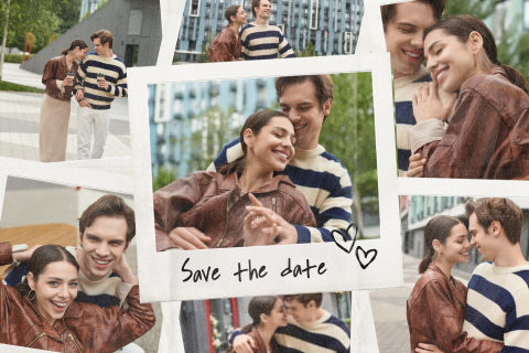 Speelse save the Date kaart met fotocollage in polaroidstijl en hartjes