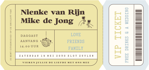 Originele trouwkaart als VIP-ticket met feestelijke illustraties