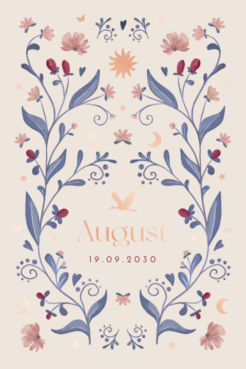 Stijlvol geboortekaartje met bloemen en roségoudfolie