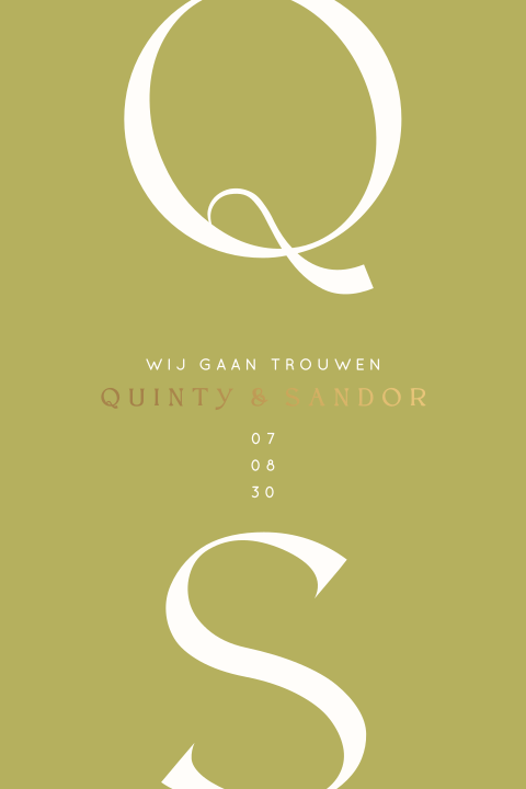 Hippe trouwkaart in groen met initialen en mat goudfolie