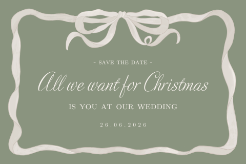 Kerst save the date met ronde hoeken en romantisch kader met strikje