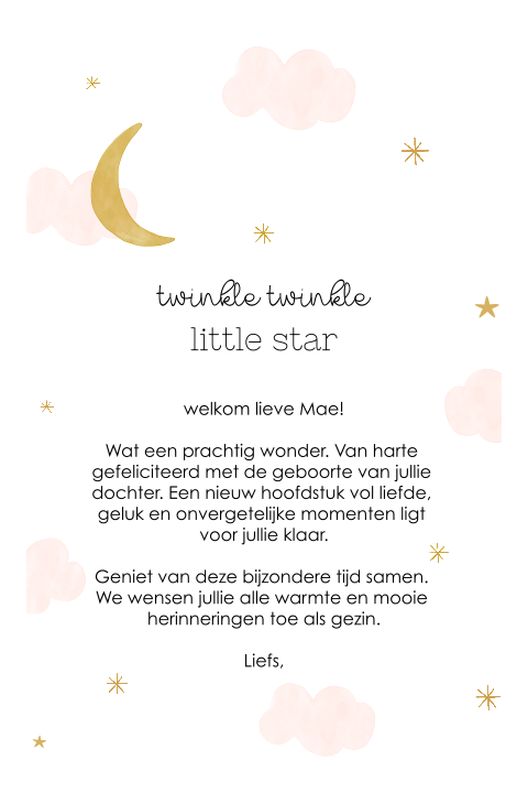 Baby felicitatiekaart met maan, sterretjes en wolkjes