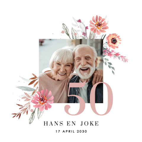 Jubileumkaart 50 jaar met bloemen en foto
