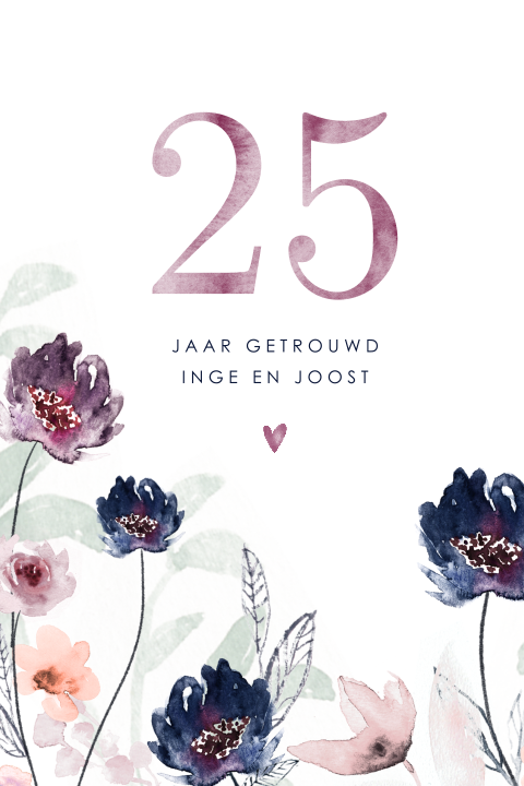 Uitnodiging huwelijksjubileum met watercolour bloemen en hartje
