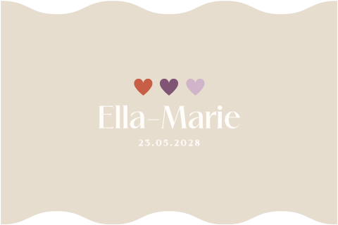 Geboortekaartje trendy vorm in beige en lila met hartjes