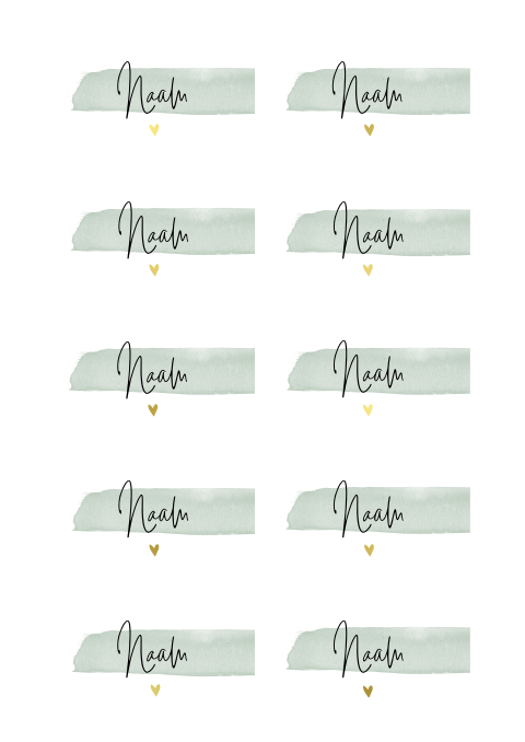 Naamkaartjes bruiloft met groene aquarel en gouden hartje