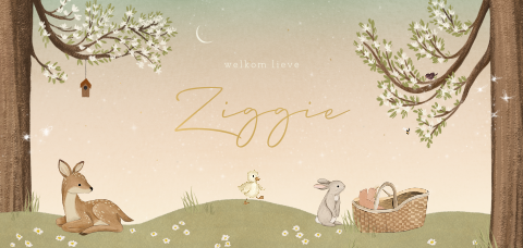 Geboortekaartje lente met dieren in het bos en mat goudfolie